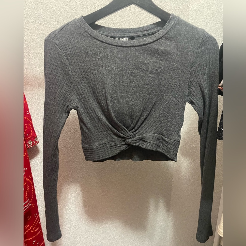 SHEIN gray cropped sweater with twist tie front